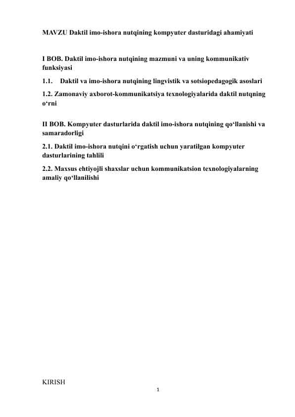 Daktil imo-ishora nutqining kompyuter dasturidagi ahamiyati