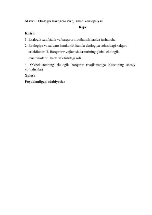 EKALOGIK BARQAROR RIVOJLANISH KONSEPSIYASI
