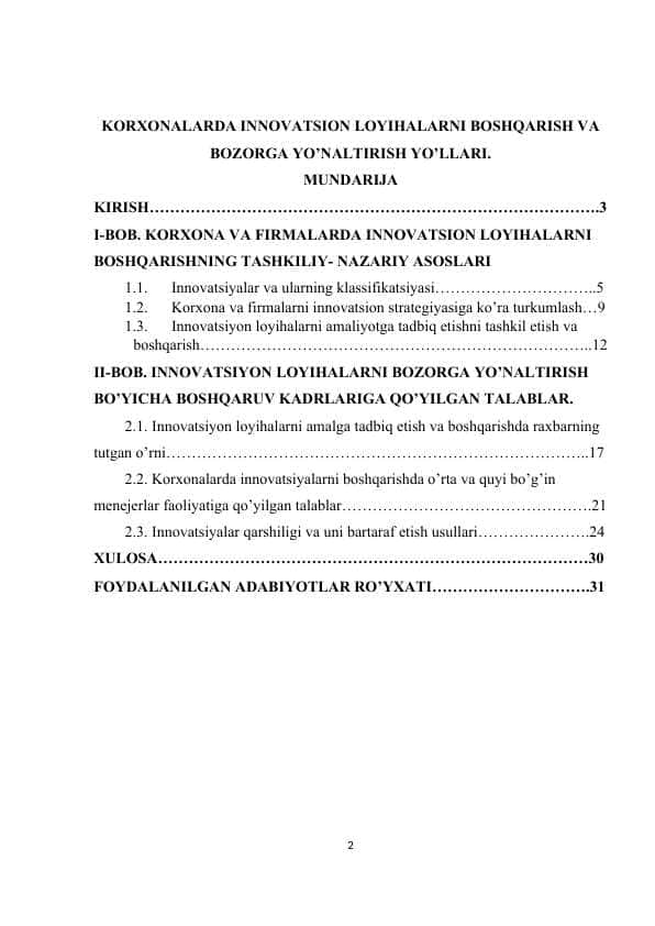 KORXONALARDA INNOVATSION LOYIHALARNI BOSHQARISH VA BOZORGA YO’NALTIRISH YO’LLARI.