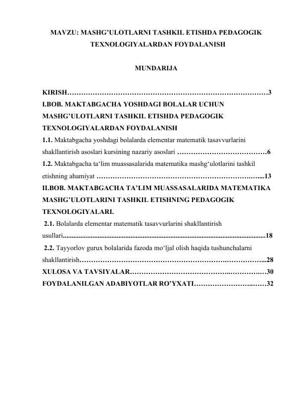 MASHG’ULOTLARNI TASHKIL ETISHDA PEDAGOGIK TEXNOLOGIYALARDAN FOYDALANISH.docx