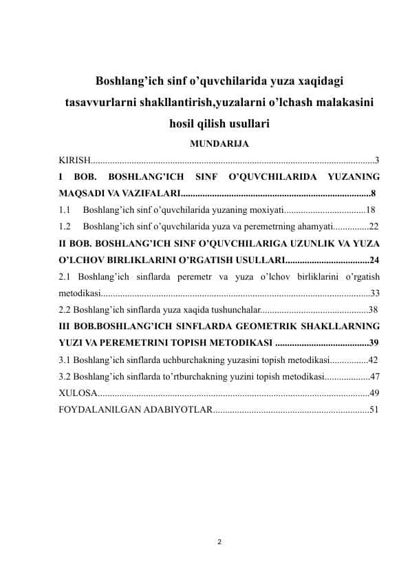 Boshlang’ich sinf o’quvchilarida yuza xaqidagi tasavvurlarni shakllantirish,yuzalarni o’lchash malakasini hosil qilish usullari