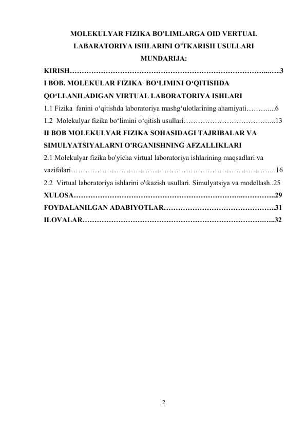 MOLEKULYAR FIZIKA BO'LIMLARGA OID VERTUAL LABARATORIYA ISHLARINI O'TKARISH USULLARI