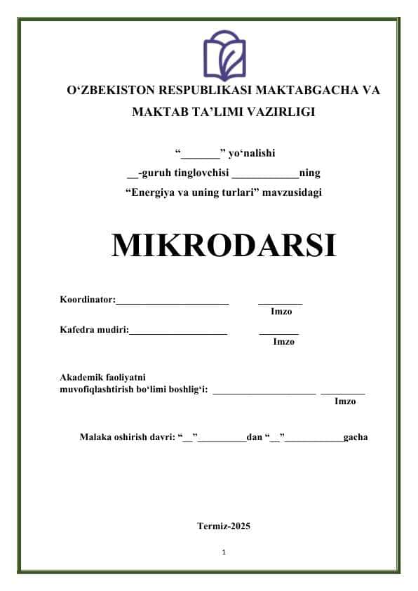 Energiya va uning turlari mikrodars
