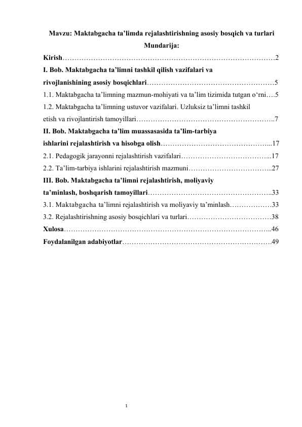Maktabgacha ta'limda rejalashtirishning asosiy bosqich va turlari