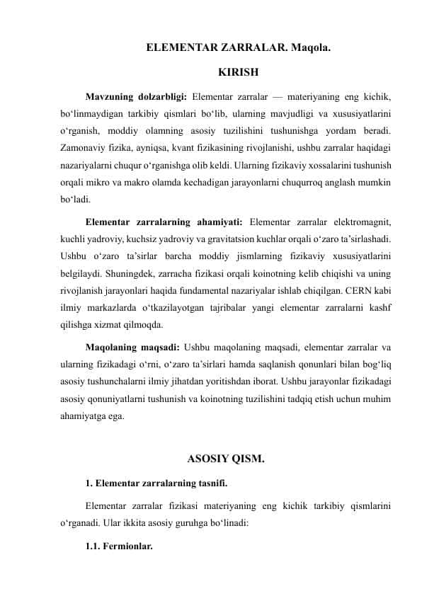 Elementar zarrachalar. Maqola