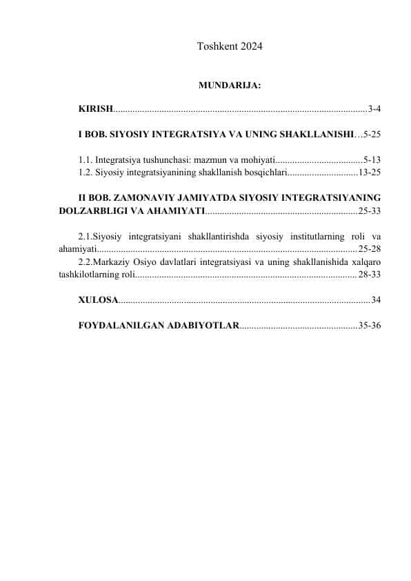 Siyosiy integratsiya mavzusidagi kurs ishi