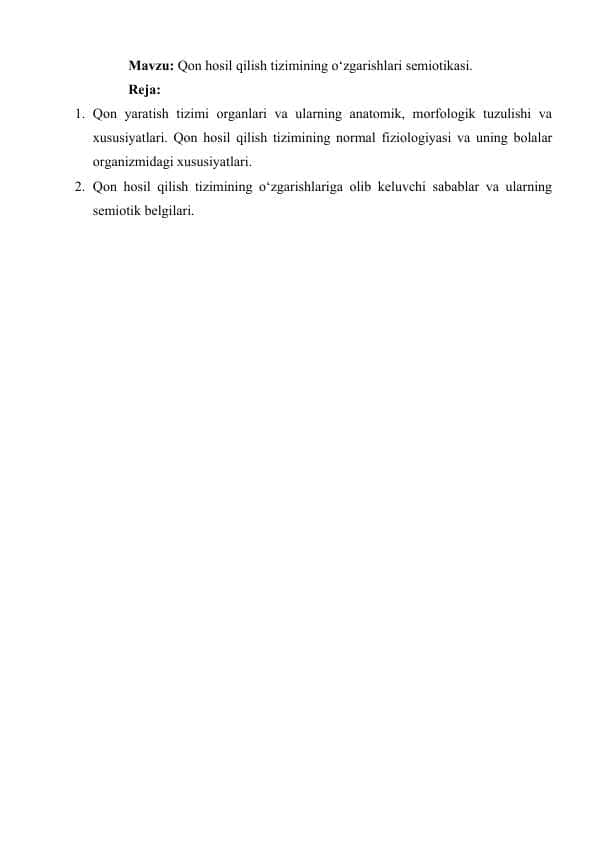 Qon hosil qilish tizimining o‘zgarishlari semiotikasi.