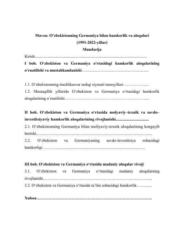 O’zbekistonning Germaniya bilan hamkorlik va aloqalari (1991-2022-yillar)