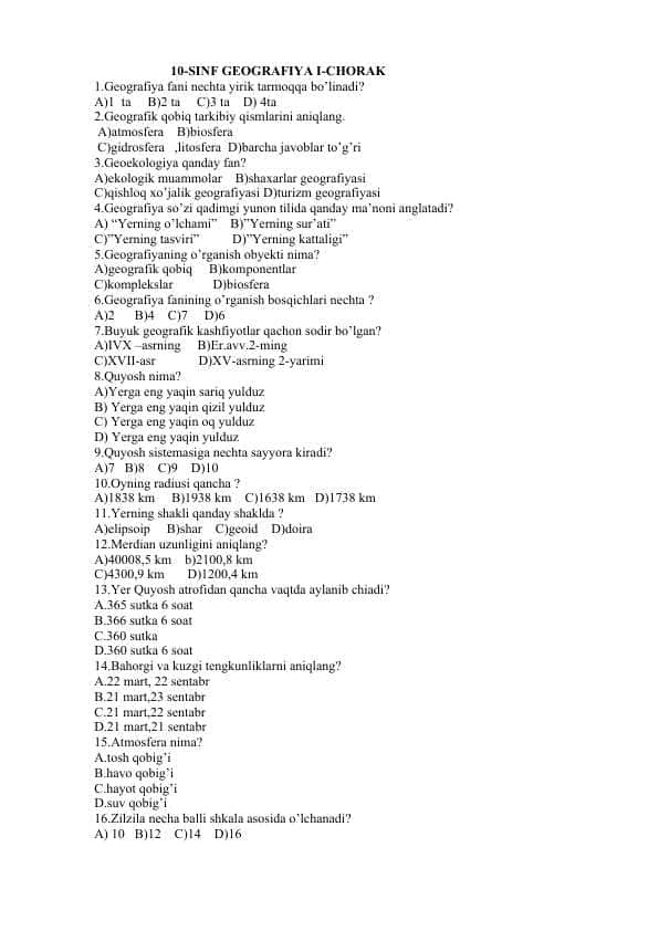 10-SINF GEOGRAFIYA I-CHORAK