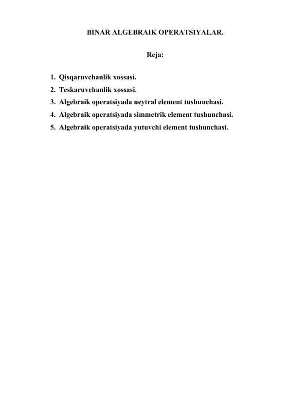 BINAR ALGEBRAIK OPERATSIYALAR.
