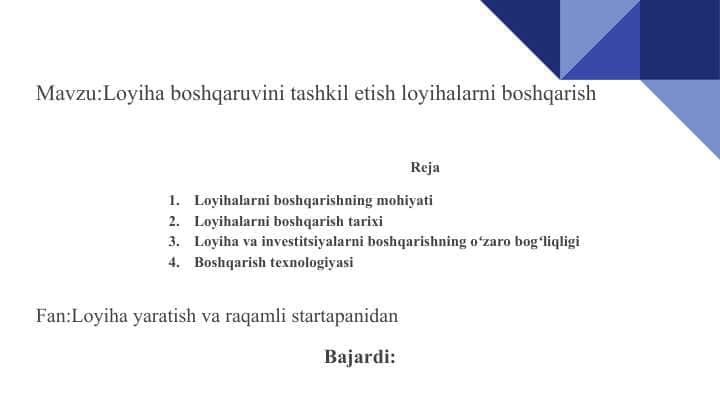 Loyiha boshqaruvini tashkil etish loyihalarni boshqarish