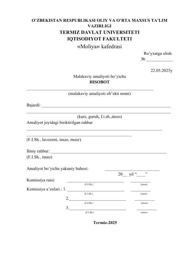 Moliya tashkiloti amaliyot hisoboti