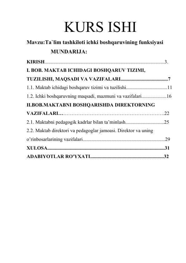 Ta`lim tashkiloti ichki boshqaruvining funksiyasi