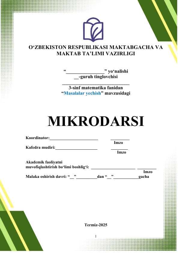 “Masalalar yechish” mavzusidagi MIKRODARSI