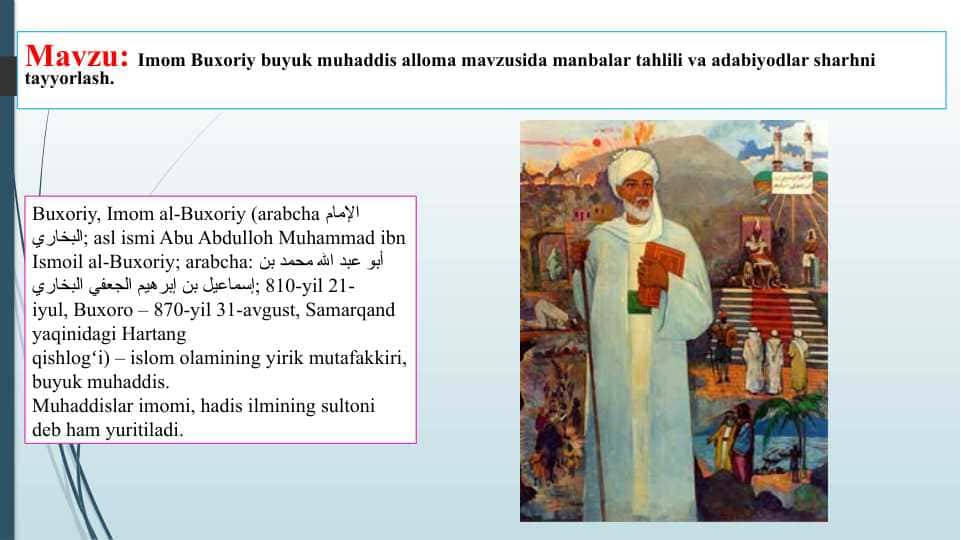 Imom Buxoriy buyuk muhaddis alloma mavzusida manbalar tahlili va adabiyodlar sharhni tayyorlash