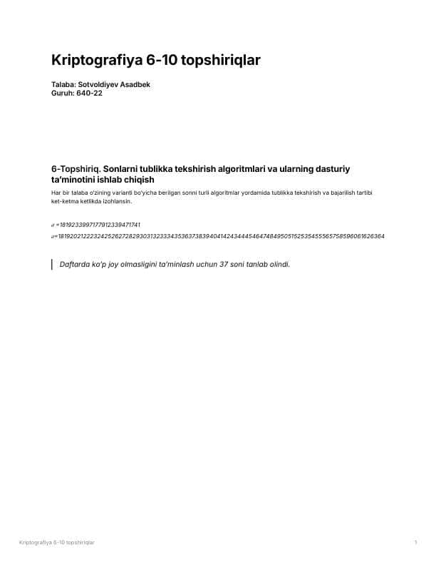Kriptografiya 6-10 amaliy topshiriqlar