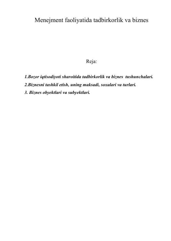 Menejment faoliyatida tadbirkorlik va biznes