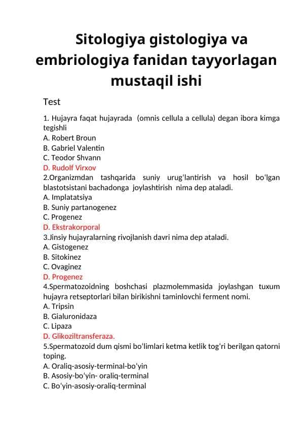 Sitologiya gistologiya embriologiya Test