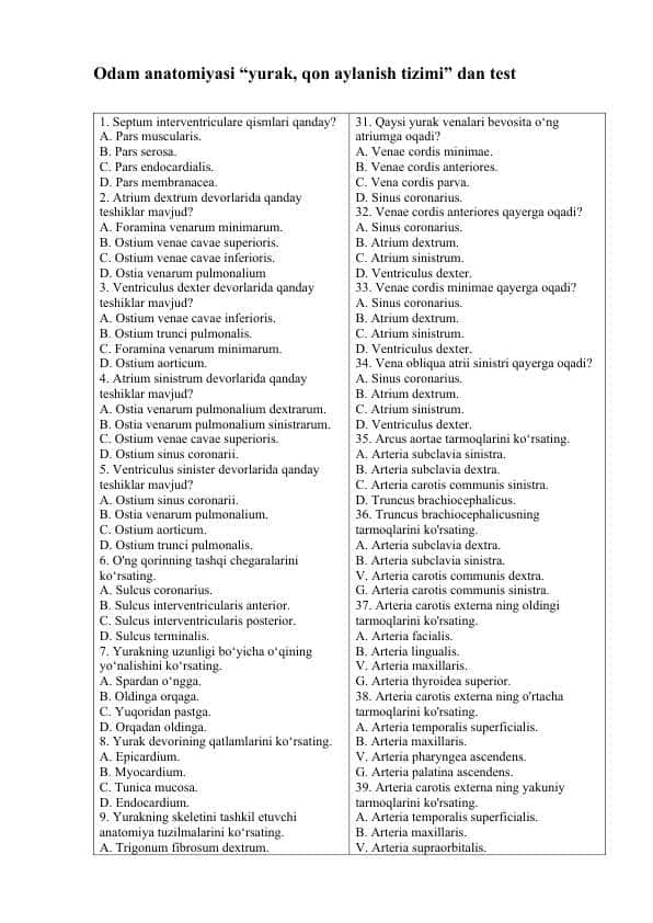 Yurak, qon aylanish sistemasi Test 60 ta