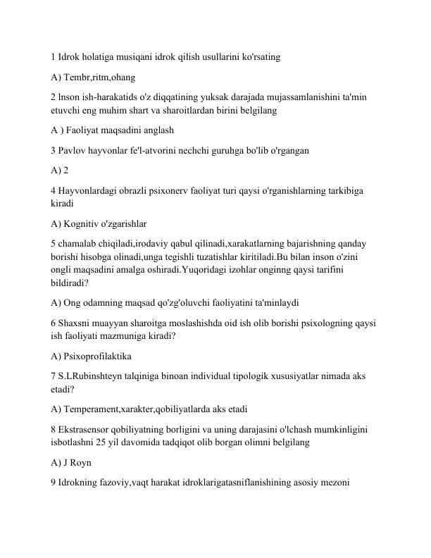 PSIXOLOGIYA Yakuniy Javoblari