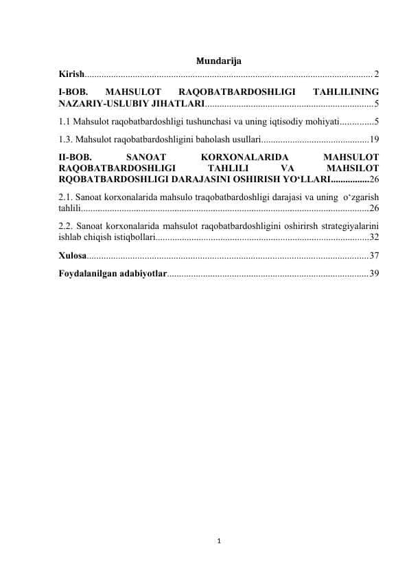 Korxona mahsulotining raqobatdoshligi tahlil