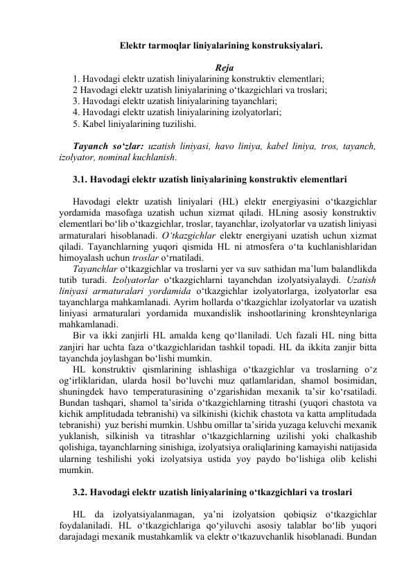 Elektr tarmoqlar liniyalarining konstruksiyalari