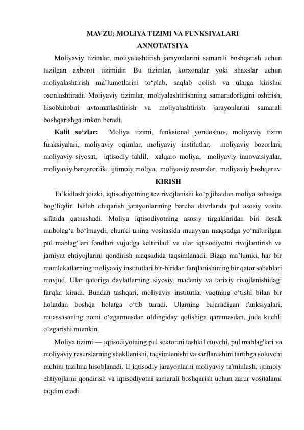 MOLIYA TIZIMI VA FUNKSIYALARI