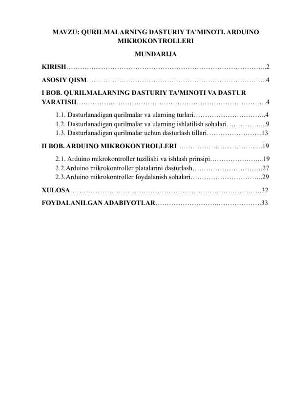 QURILMALARNING DASTURIY TA'MINOTI. ARDUINO MIKROKONTROLLERI