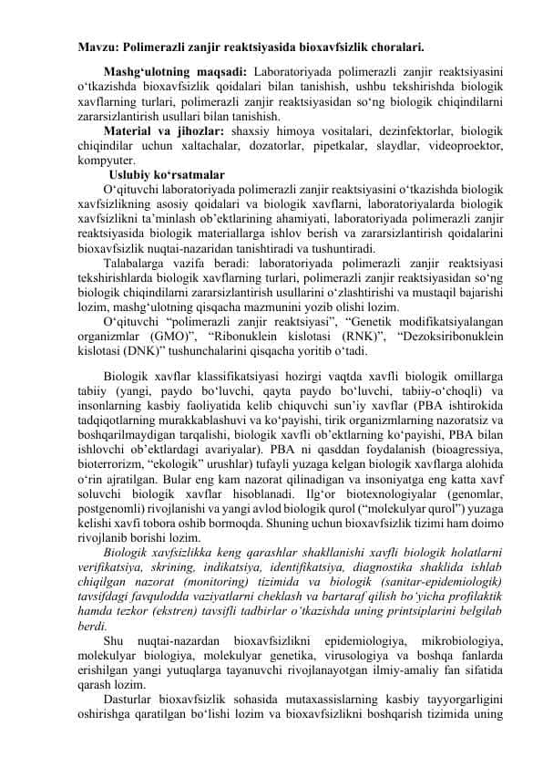 Polimerazli zanjir reaktsiyasida bioxavfsizlik choralari.