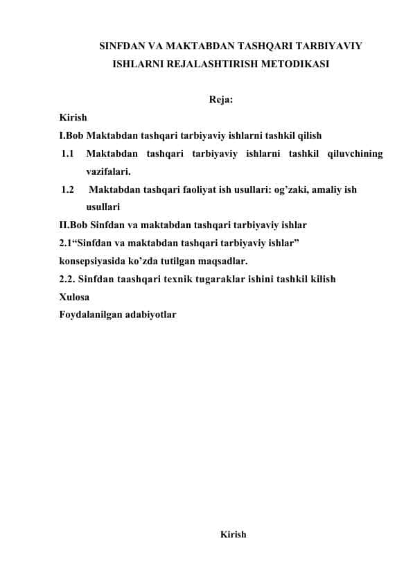 SINFDAN VA MAKTABDAN TASHQARI TARBIYAVIY ISHLARNI REJALASHTIRISH METODIKASI