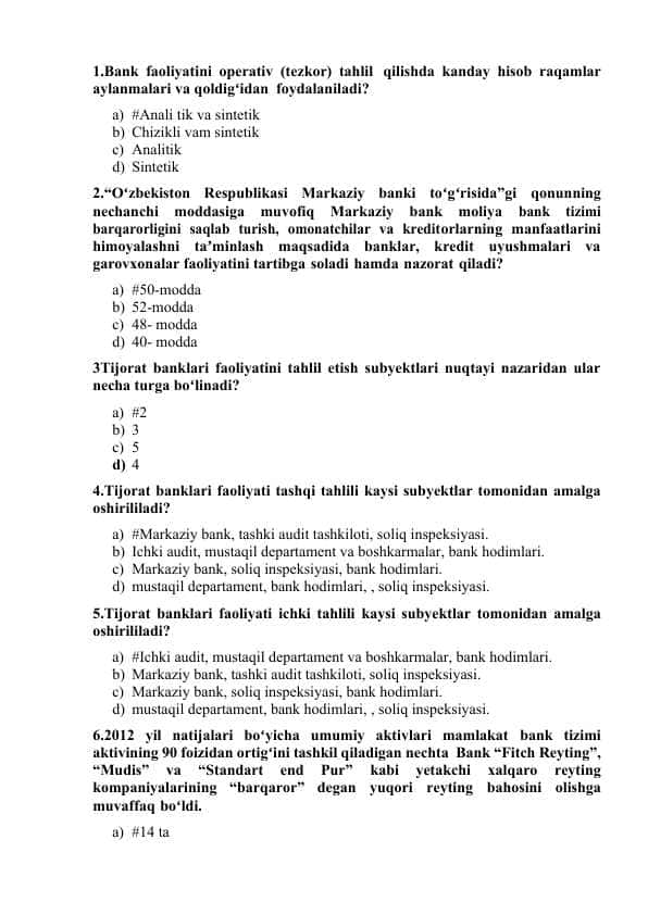 banklarda buxgalteriya asoslari fanidan test