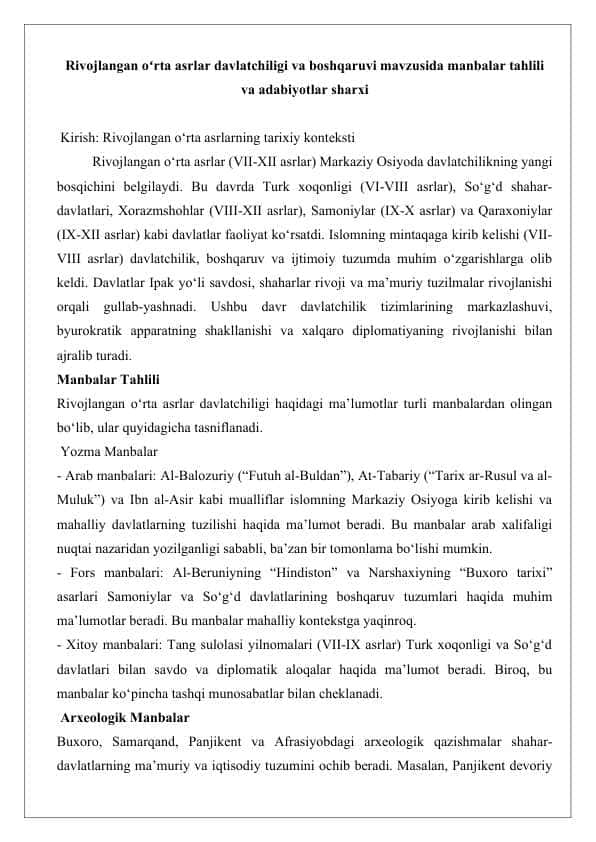 Rivojlangan oʻrta asrlar davlatchiligi va boshqaruvi mavzusida manbalar tahlili va adabiyotlar sharxi 25
