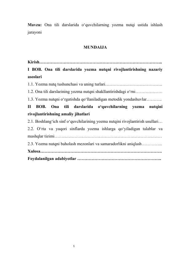 Ona tili darslarida o‘quvchilarning yozma nutqi ustida ishlash jarayoni KURS ISHI