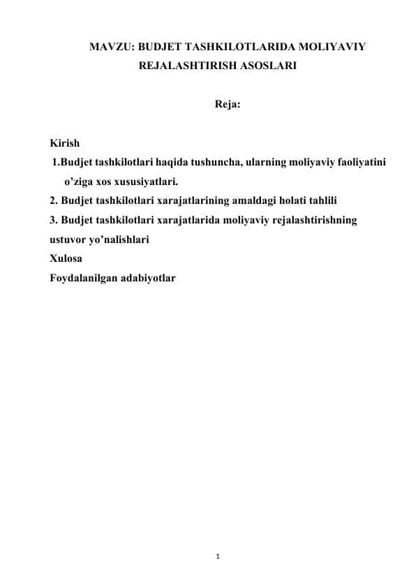 BUDJET TASHKILOTLARIDA MOLIYAVIY REJALASHTIRISH ASOSLARI