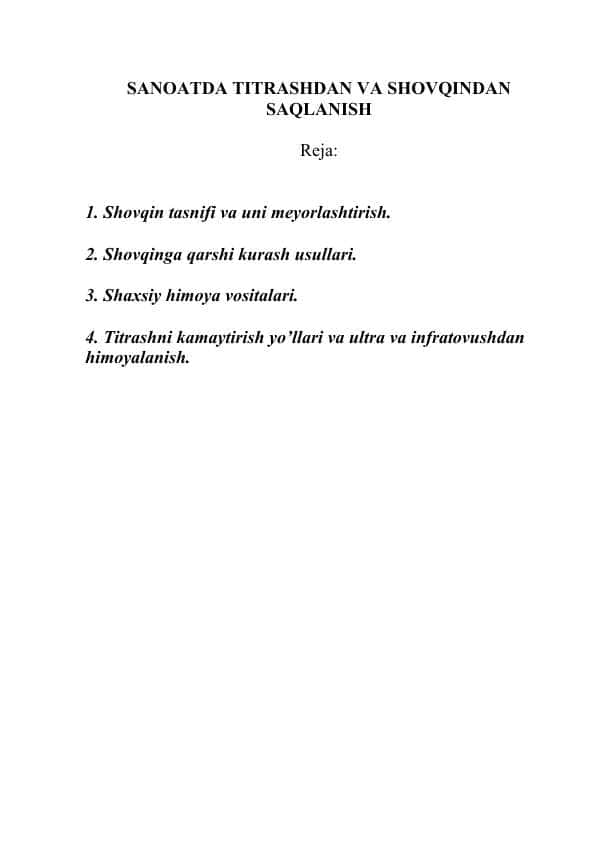 SANOATDA TITRASHDAN VA SHOVQINDAN SAQLANISH