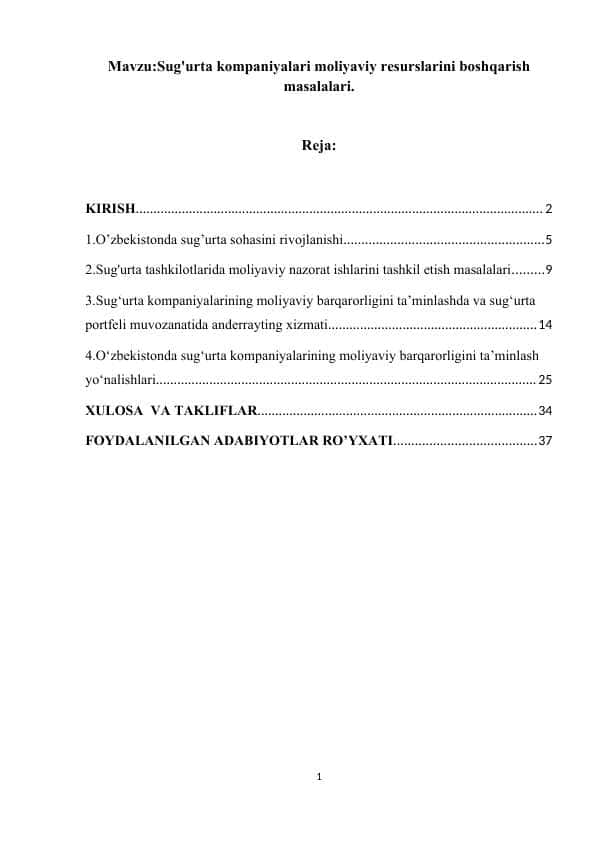 Sug'urta kompaniyalari moliyaviy resurslarini boshqarish masalalari