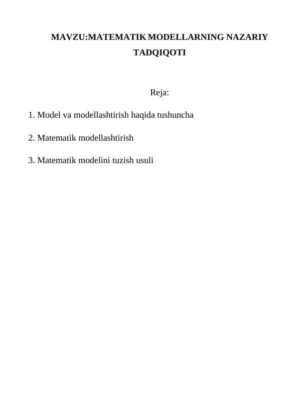 MATEMATIK MODELLARNING NAZARIY TADQIQOTI