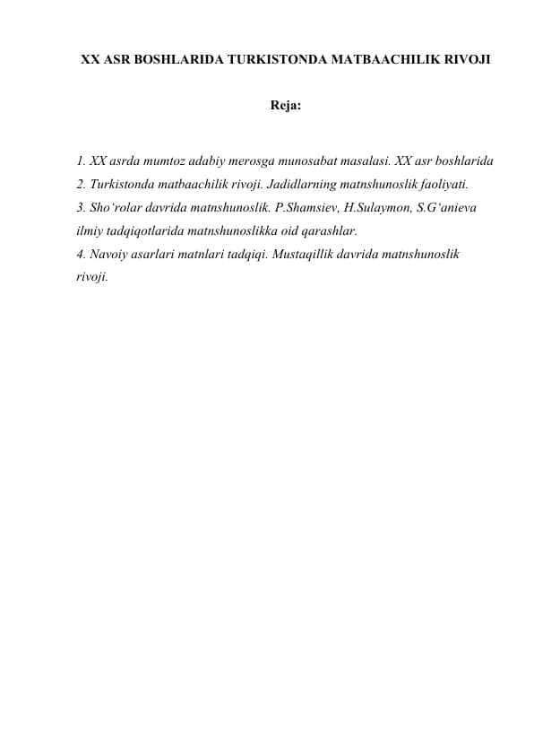 XX ASR BOSHLARIDA TURKISTONDA MATBAACHILIK RIVOJI