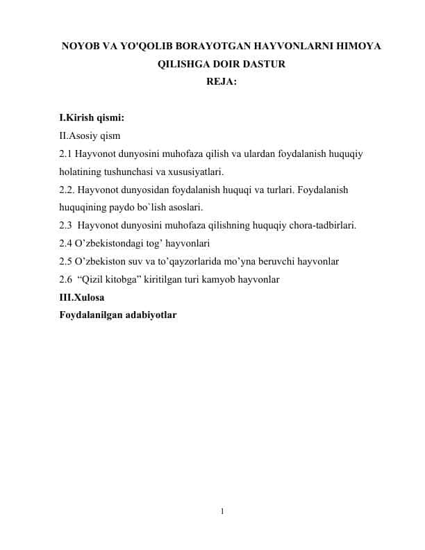 NOYOB VA YO'QOLIB BORAYOTGAN HAYVONLARNI HIMOYA QILISHGA DOIR DASTUR