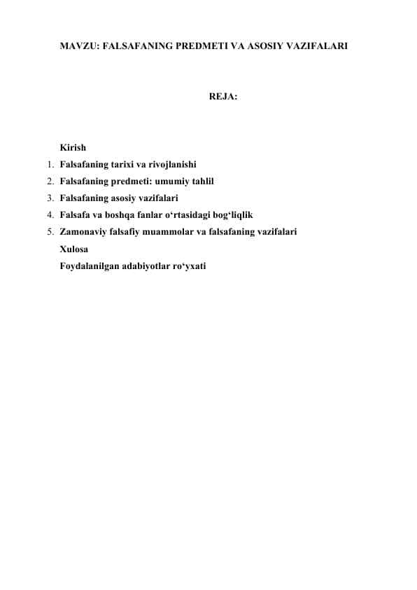 FALSAFANING PREDMETI VA ASOSIY VAZIFALARI