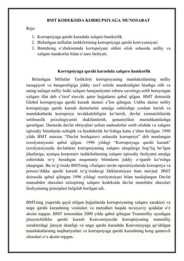 BMT KODEKSIDA KORRUPSIYAGA MUNOSABAT