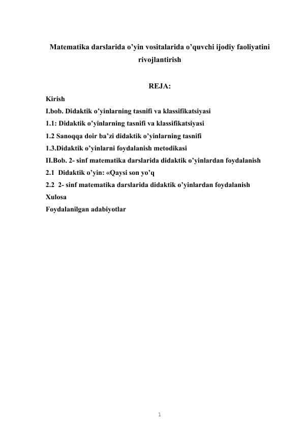 Matematika darslarida o’yin vositalarida o’quvchi ijodiy faoliyatini rivojlantirish