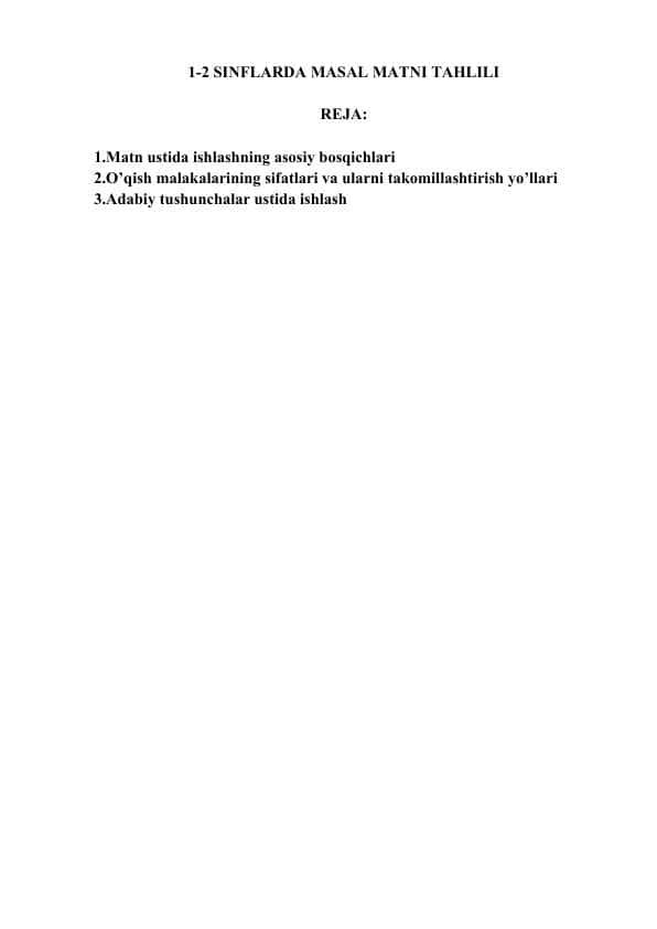 1-2 SINFLARDA MASAL MATNI TAHLILI
