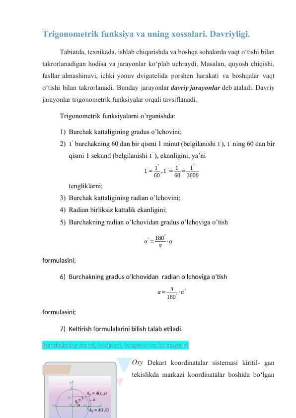 Trigonometrik funksiya va uning xossalari. Davriyligi