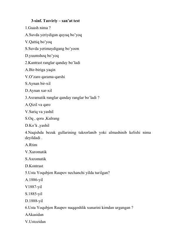 3-sinf Тasviriy – san’at test