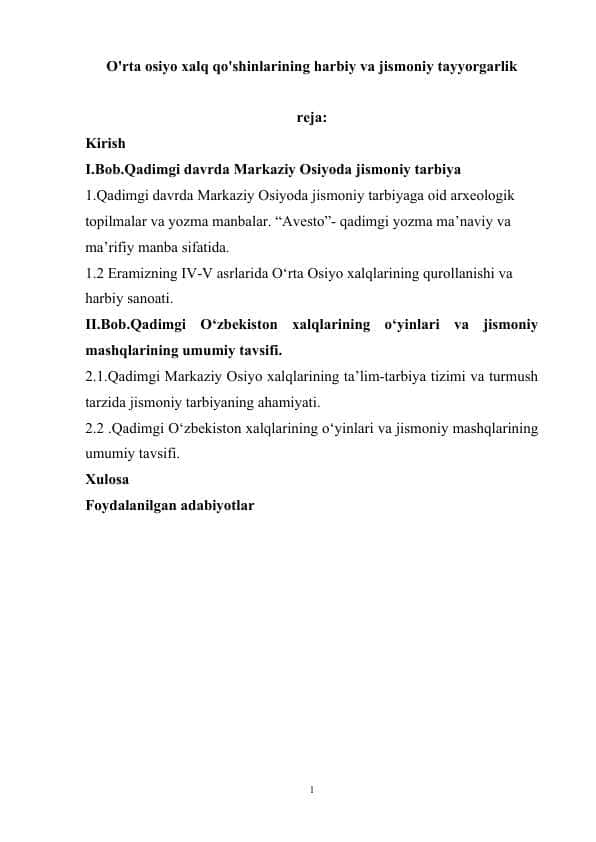 O'rta osiyo xalq qo'shinlarining harbiy va jismoniy tayyorgarlik