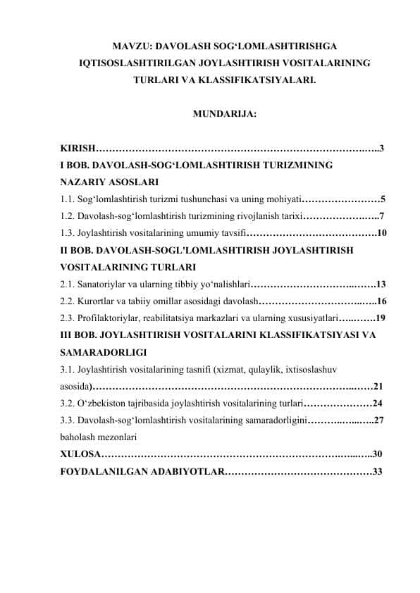 DAVOLASH SOG'LOMLASHTIRISHGA IQTISOSLASHTIRILGAN JOYLASHTIRISH VOSITALARINING TURLARI VA KLASSIFIKATSIYALARI..docx