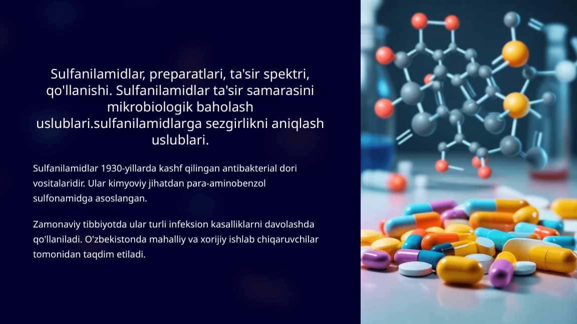 Sulfanilamidlar, preparatlari, ta'sir spektri, qo'llanishi. Sulfanilamidlar ta'sir samarasini mikrobiologik baholash uslublari.sulfanilamidlarga sezgirlikni aniqlash uslublari