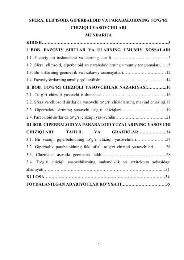 SFERA, ELIPISOID, GIPERBALOID VA PARABALOIDNING TOʻGʻRI CHIZIQLI YASOVCHILARI