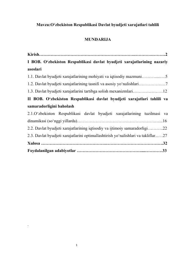 O‘zbekiston Respublikasi Davlat byudjeti xarajatlari tahlili kurs ishi